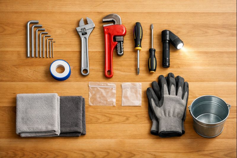 Essential tools for removing a bathtub faucet, including Allen keys, adjustable wrench, screwdrivers, towels, and a flashlight.