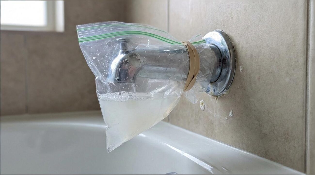 Plastic bag filled with vinegar tied around the tub spout base to dissolve mineral deposits before removal.