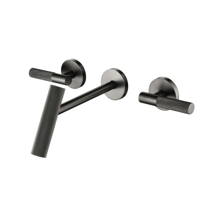 Sleek modern bathroom faucet handles in matte black and stainless steel finish, wall-mounted for contemporary design.