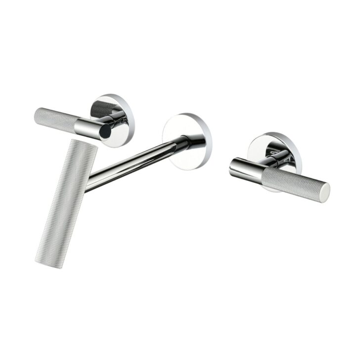 Polished chrome bathroom faucet set with sleek, modern handles, wall-mounted design for contemporary bathroom decor.