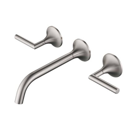 Sleek stainless steel wall-mounted bathroom faucet with levers for modern kitchen or bathroom sink.