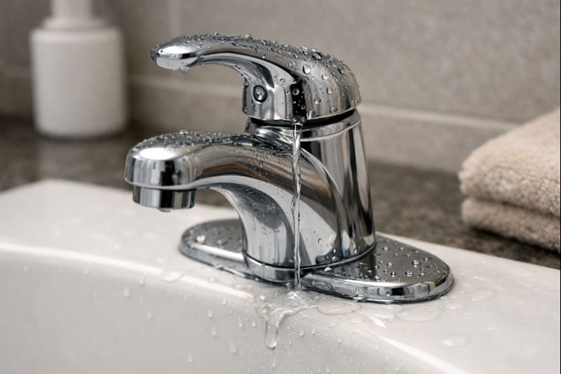 Water running down from faucet handle area and pooling at the base on the countertop