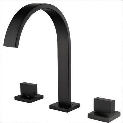 Modern black kitchen faucet with sleek matte finish and dual control handles for stylish kitchen decor.