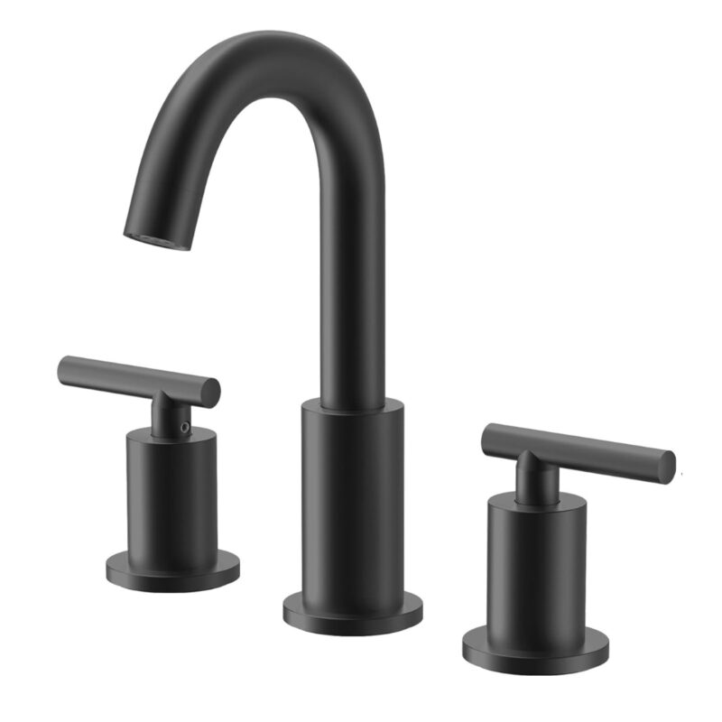 Matte black kitchen faucet set with dual handles, modern design, and durable finish for stylish functionality.