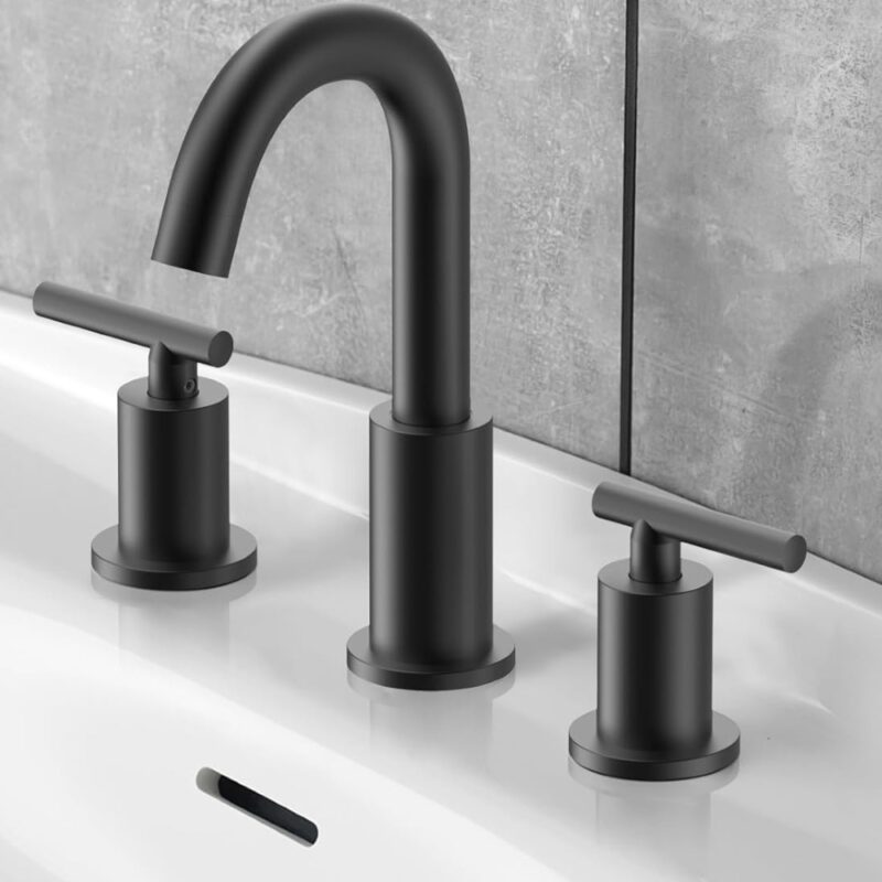 Sleek matte black kitchen faucet with dual handles and high-arc spout for modern design.