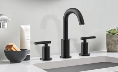 Sleek black kitchen faucet with modern design and matte finish.