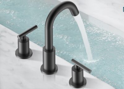 Black matte modern kitchen faucet with dual handles, perfect for stylish bathroom or kitchen decor.