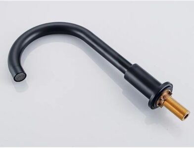 - Black curved kitchen faucet spout with brass connector for sink installation.
