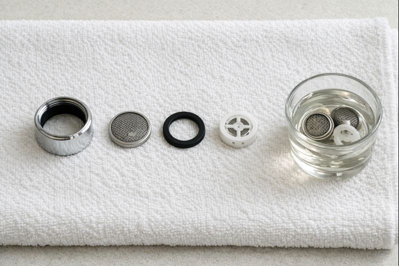 Aerator parts laid out in order next to a small cup of vinegar for soaking, showing correct reassembly sequence.