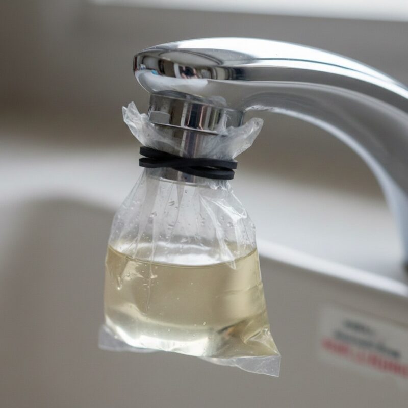 Plastic bag and rubber band method soaking a faucet tip in vinegar to loosen calcium deposits.