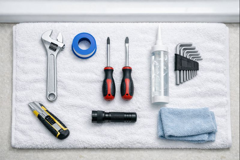 Tools needed to replace a bathtub faucet spout: adjustable wrench, hex keys, screwdrivers, PTFE tape, silicone caulk, flashlight, rag.