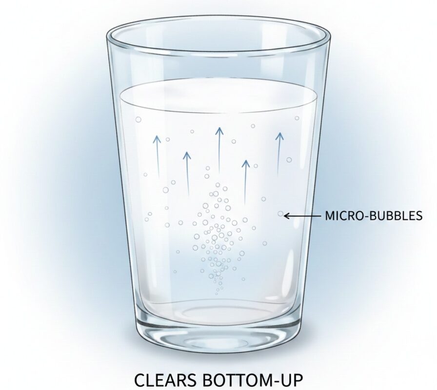 Por que a água da minha torneira está turva? Causas, segurança e correções 3 Diagram showing air bubbles rising and water clearing from bottom to top in a glass