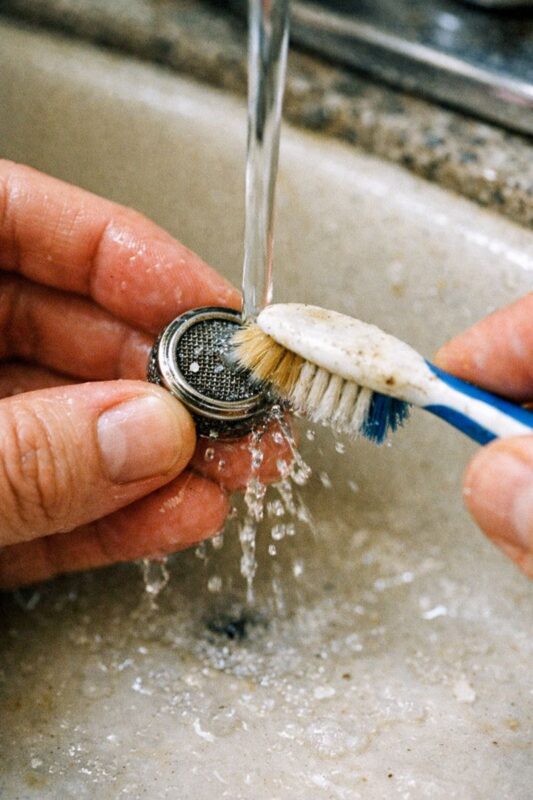 Como limpar um aerador de torneira (Guia 2026) 5 Brushing faucet aerator screen to remove grit and mineral debris under running water