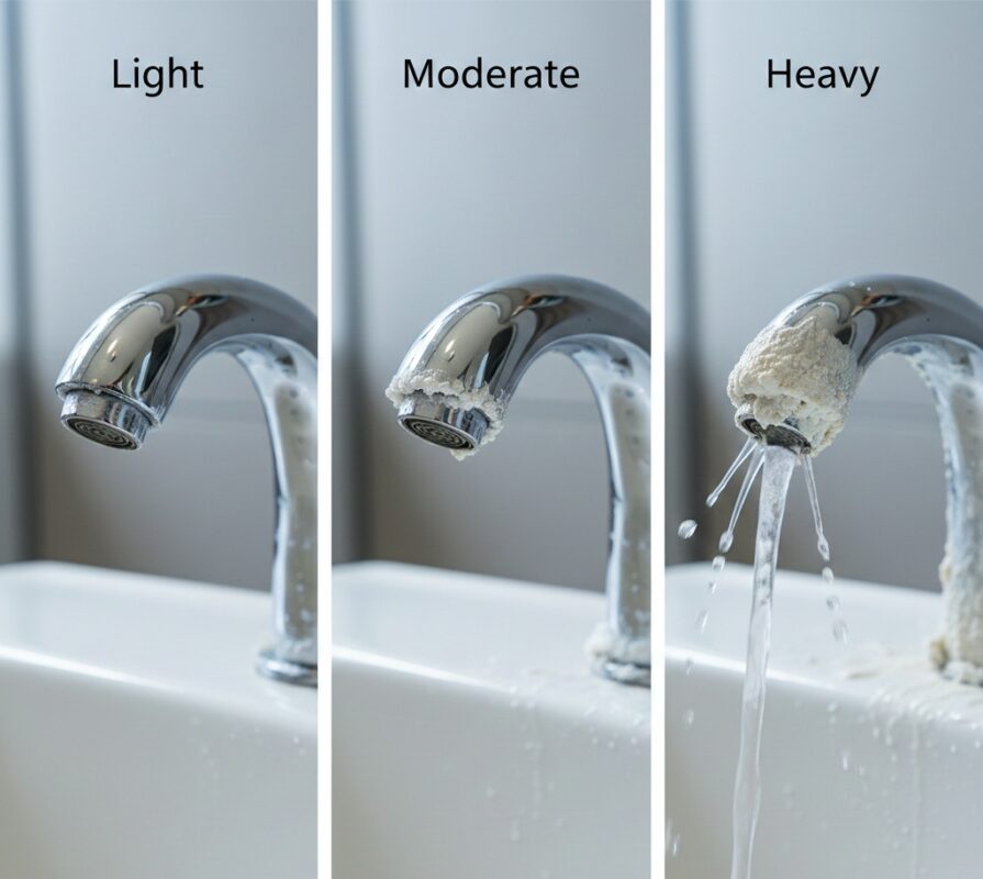 Three levels of calcium buildup on a faucet: light spots, moderate crust at edges, and heavy scale restricting flow
