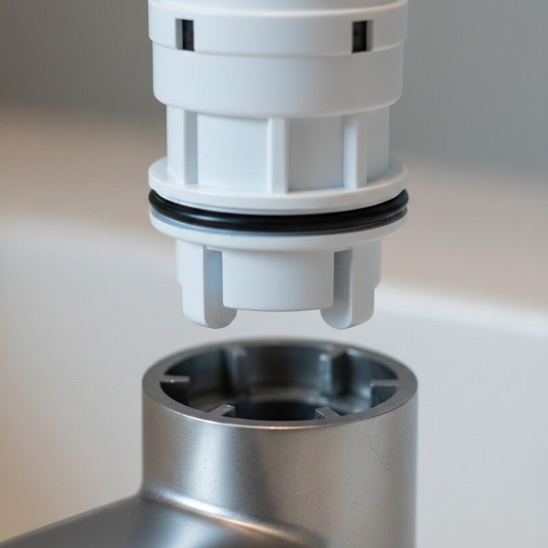 Correct cartridge orientation showing alignment tabs matching the faucet body grooves