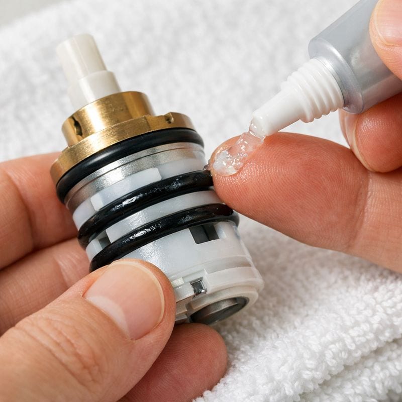 Como consertar uma torneira que está pingando: passo a passo (2026) 6 Applying silicone plumber’s grease to faucet cartridge O-rings before installation