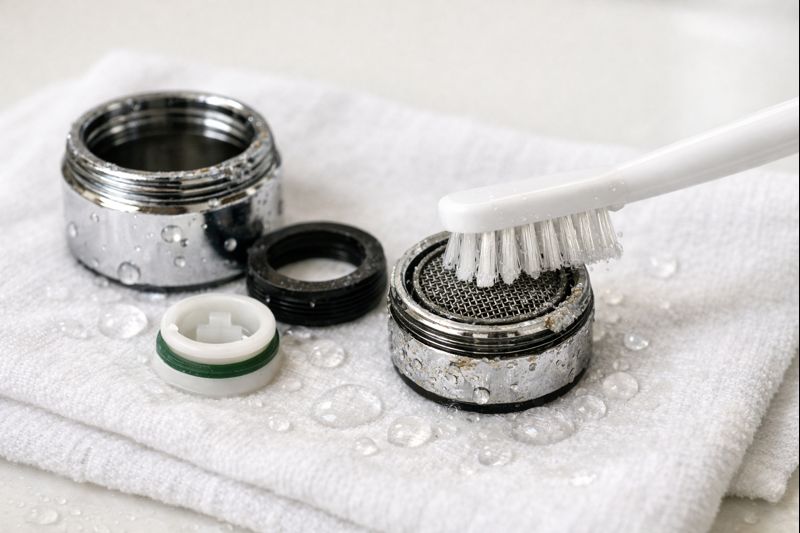 Como consertar uma torneira que está pingando: passo a passo (2026) 7 Rinsing and brushing a faucet aerator to remove sediment and mineral buildup