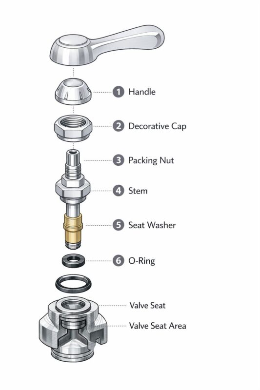 Como consertar uma torneira que está pingando: passo a passo (2026) 4 Exploded view of a compression faucet showing handle, stem, washer, and valve seat