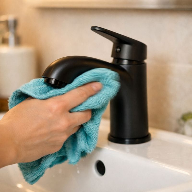 Daily wipe-and-dry habit on a faucet to prevent limescale buildup before it hardens.