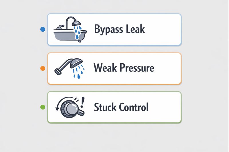 Checklist of diverter problems: spout bypass leak, weak shower pressure, and stuck diverter knob