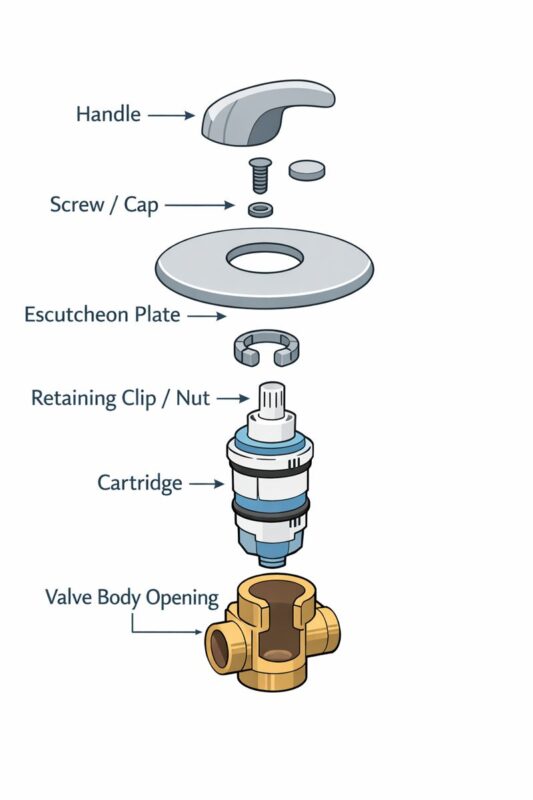 Exploded diagram showing shower handle, escutcheon plate, retaining clip, and cartridge