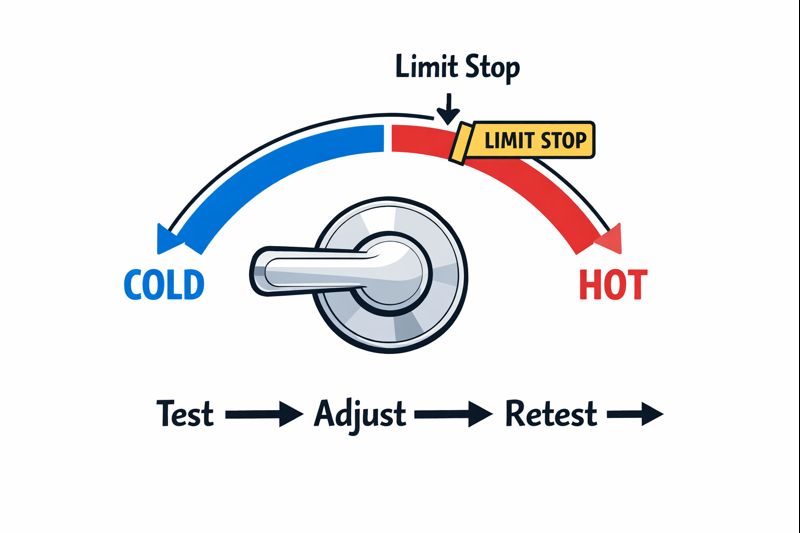 Diagram showing how to adjust a shower handle rotational limit stop for anti-scald protection
