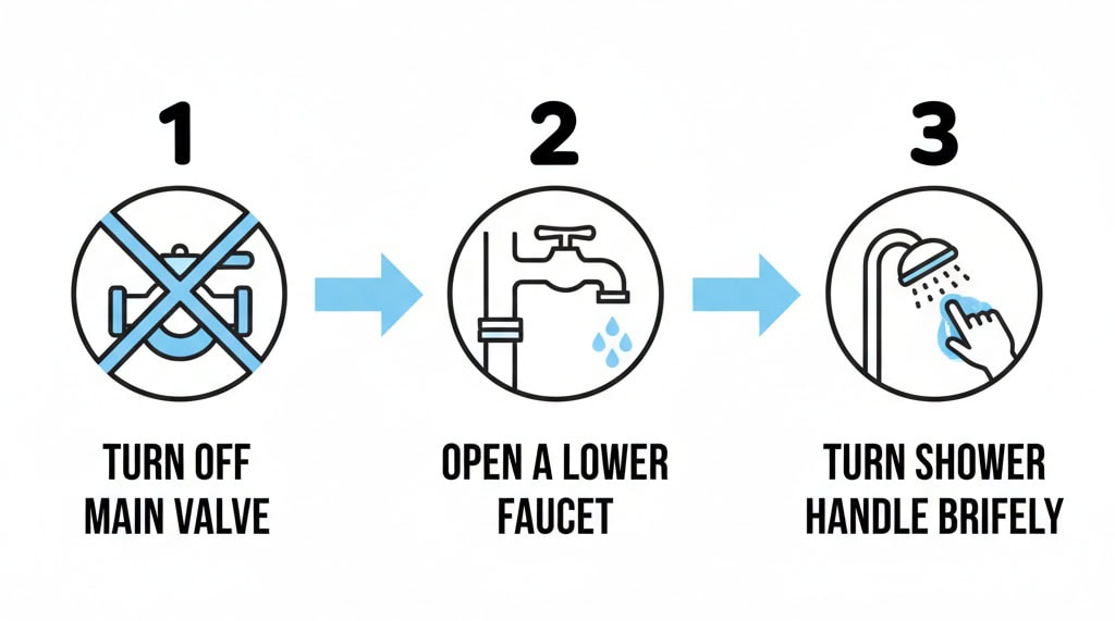 Step diagram for shutting off water and relieving pressure before removing a shower cartridge