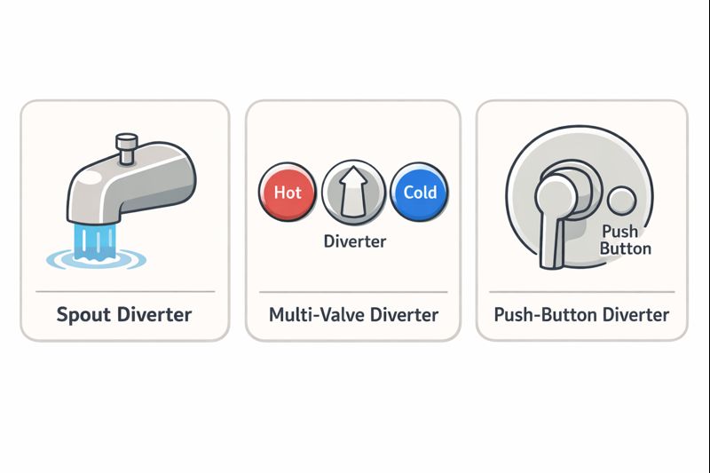 Diagram showing spout diverter, multi-valve diverter stem, and push-button diverter types