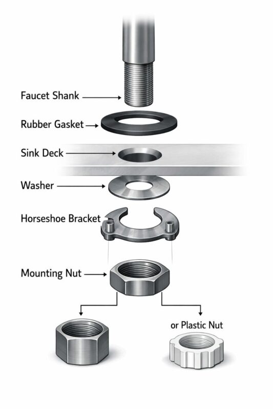 Exploded view of faucet mounting hardware: mounting nut, bracket, washers, gasket
