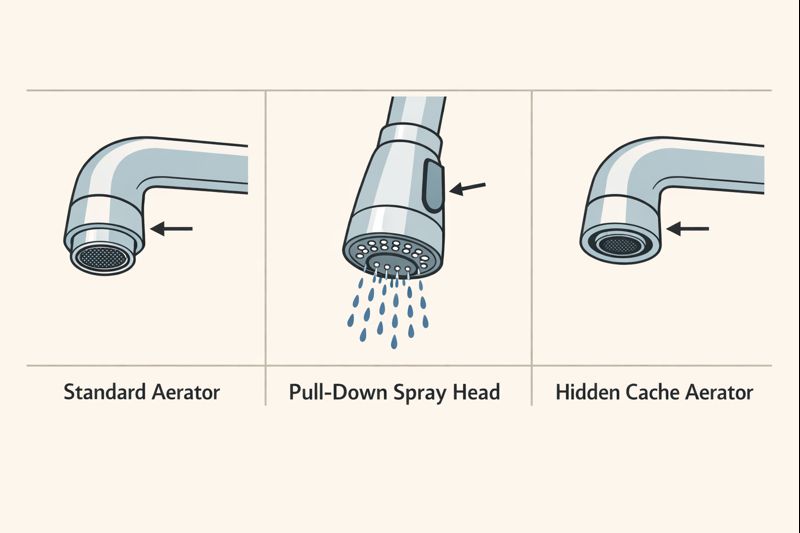 Diagram showing standard aerator, pull-down spray head, and hidden cache aerator