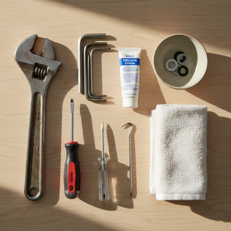 Como consertar uma torneira que está pingando: passo a passo (2026) 2 Flat lay of basic tools for fixing a dripping faucet
