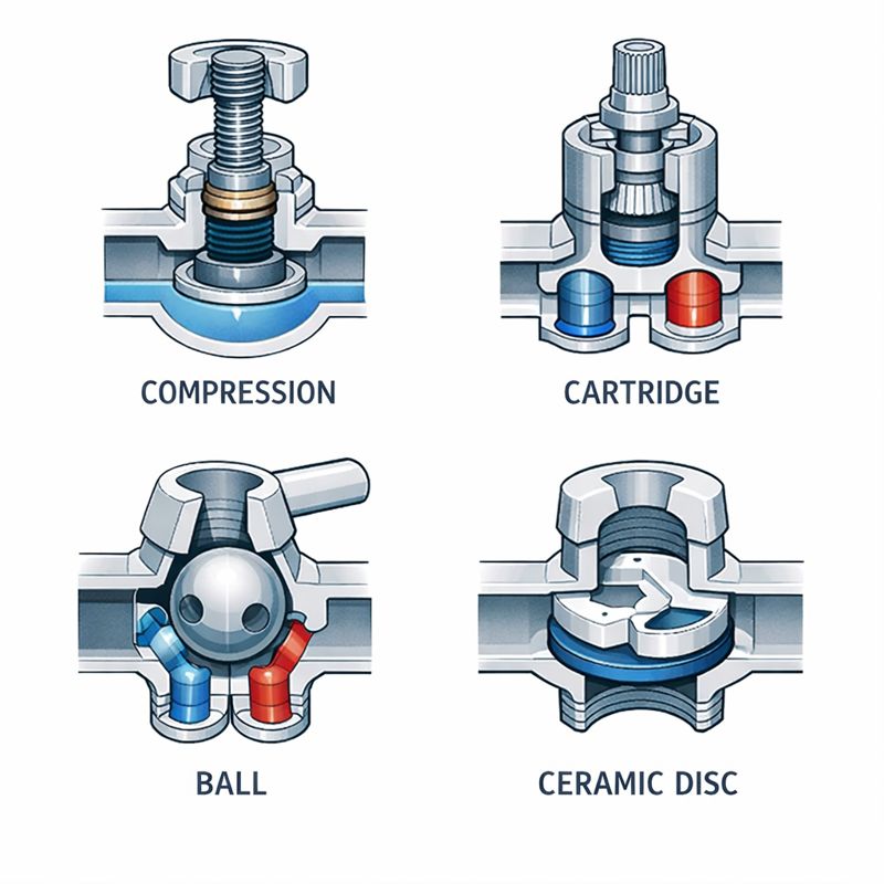 Como consertar uma torneira que está pingando: passo a passo (2026) 3 Comparison of compression, cartridge, ball, and ceramic disc faucet types