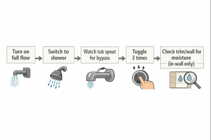 Flowchart for full-load diverter toggle test: check spout bypass, switch modes, inspect for leaks