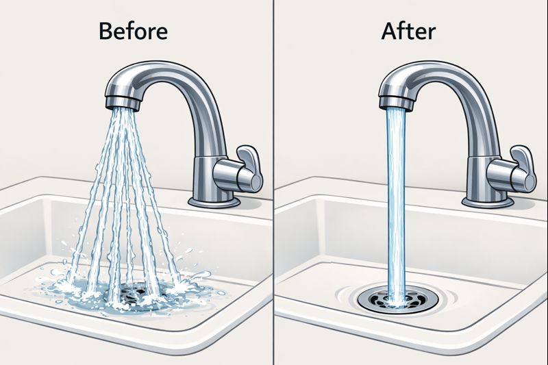 Before and after flow pattern check showing split spray versus steady stream