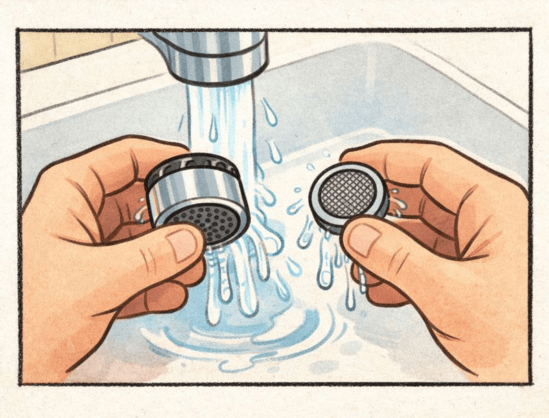 Flushing a new kitchen faucet and rinsing the aerator screen to restore flow