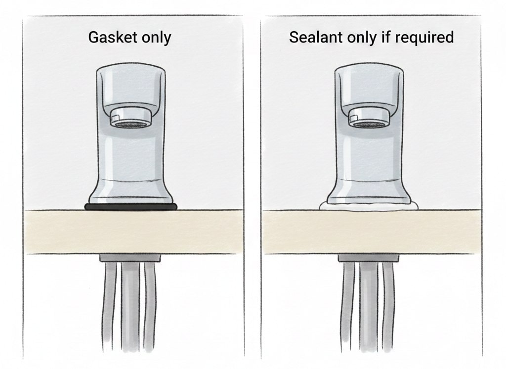 Rubber gasket placement under faucet base and when sealant is not needed