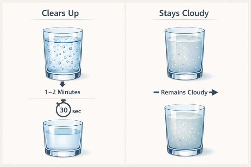 Por que a água da minha torneira está turva? Causas, segurança e correções 2 30-second glass test infographic showing cloudy water clearing quickly versus staying cloudy