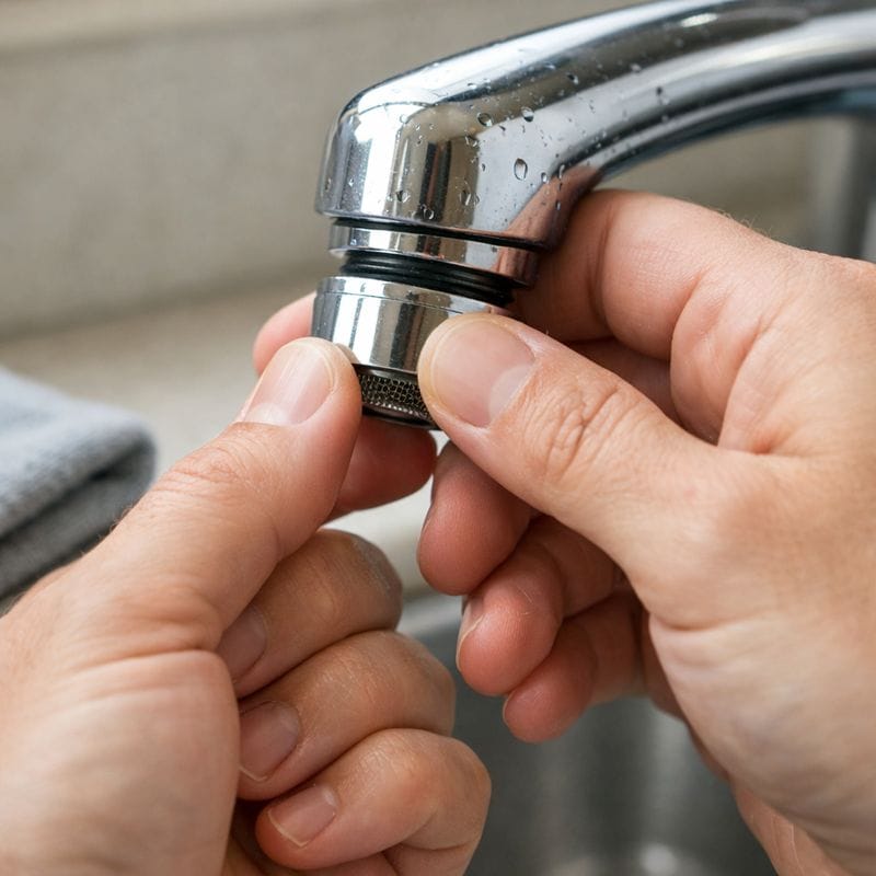 Hands twisting a standard faucet aerator counterclockwise by hand