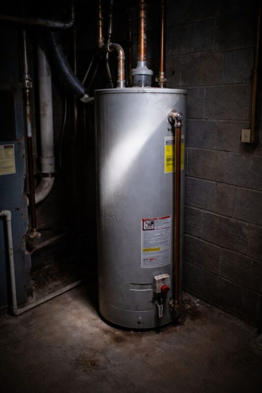 Por que a água da minha torneira está turva? Causas, segurança e correções 8 A slightly dusty, older water heater in a basement or utility closet, symbolizing potential sediment issues.