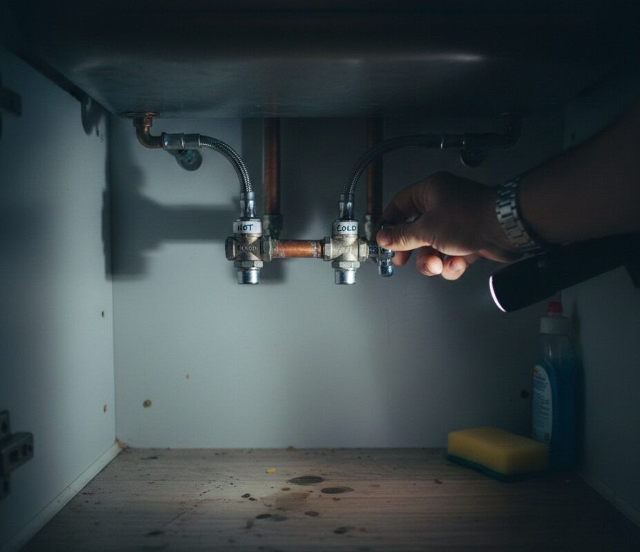 Checking hot and cold isolation valves under the sink to find the leaking side