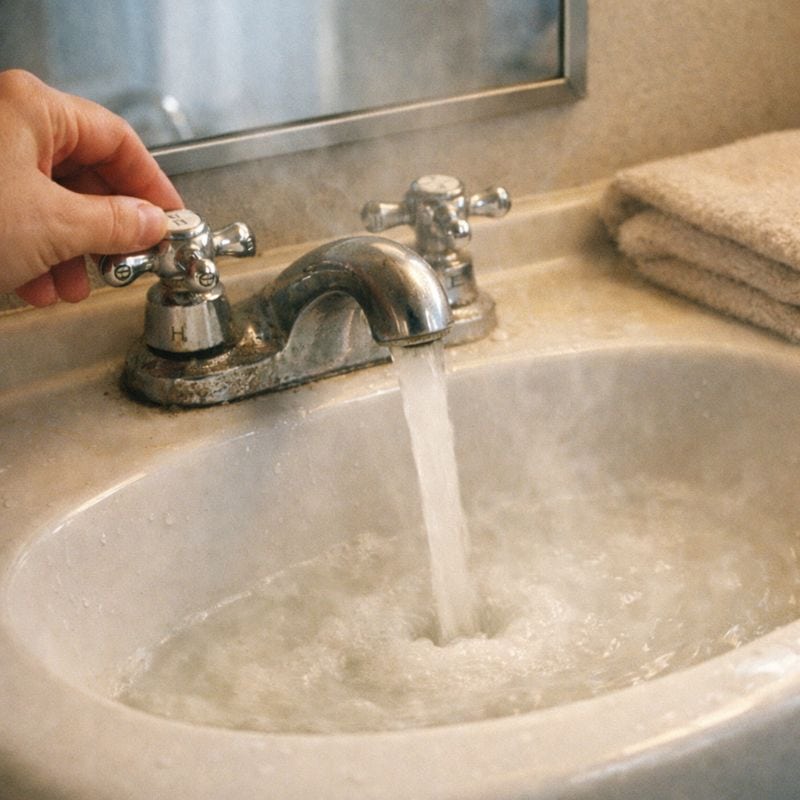 Por que a água da minha torneira está turva? Causas, segurança e correções 4 Bathroom sink running hot water that looks cloudy, suggesting water-heater-related causes