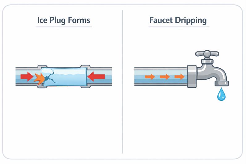 Diagram showing an ice plug causing pressure buildup and pipe bursting, and how a dripping faucet relieves pressure