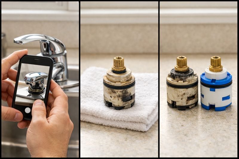 Three-step visual: take photos, remove old cartridge, match cartridge shape and tabs