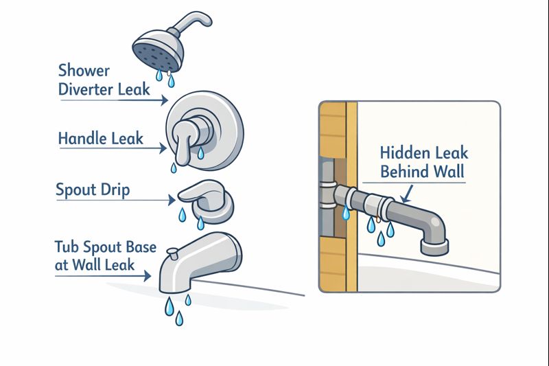 Diagram showing common bathtub faucet leak locations: spout drip, handle leak, spout base leak, diverter leak, hidden wall leak