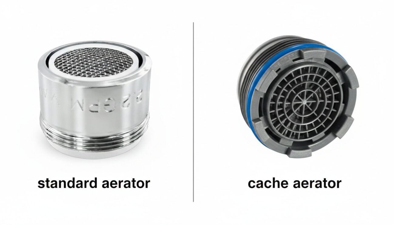 Standard vs. hidden (cache) faucet aerator shown from underneath the spout