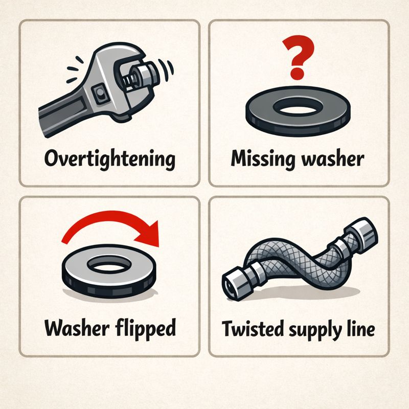 Common faucet tightening mistakes: overtightening, missing washers, twisted supply lines