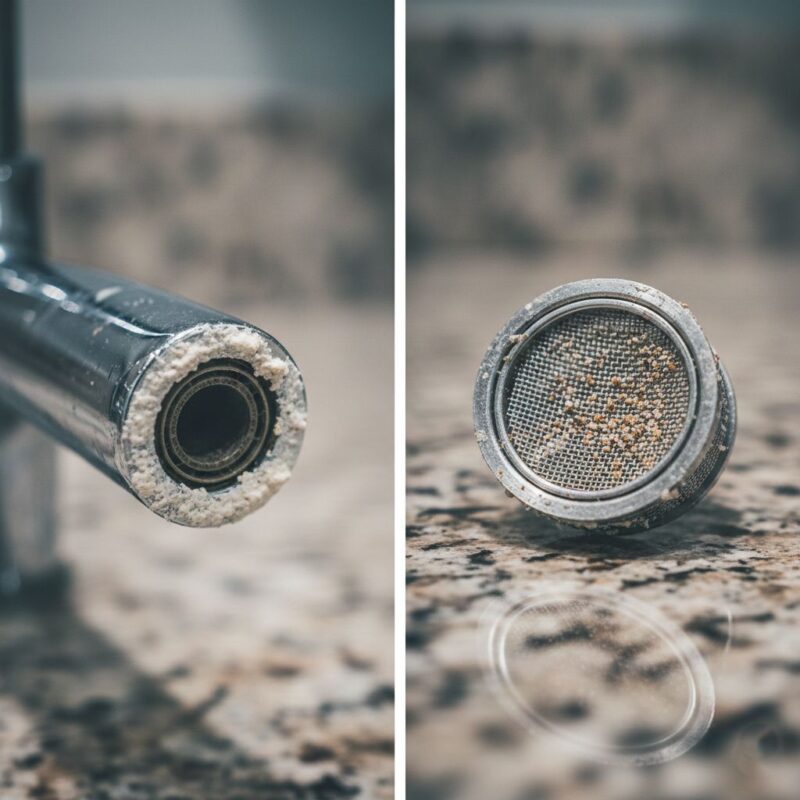 Side-by-side comparison of external limescale crust and internal debris clogging an aerator screen