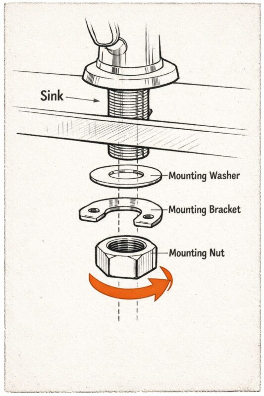 Order of mounting hardware under sink for tightening a kitchen faucet