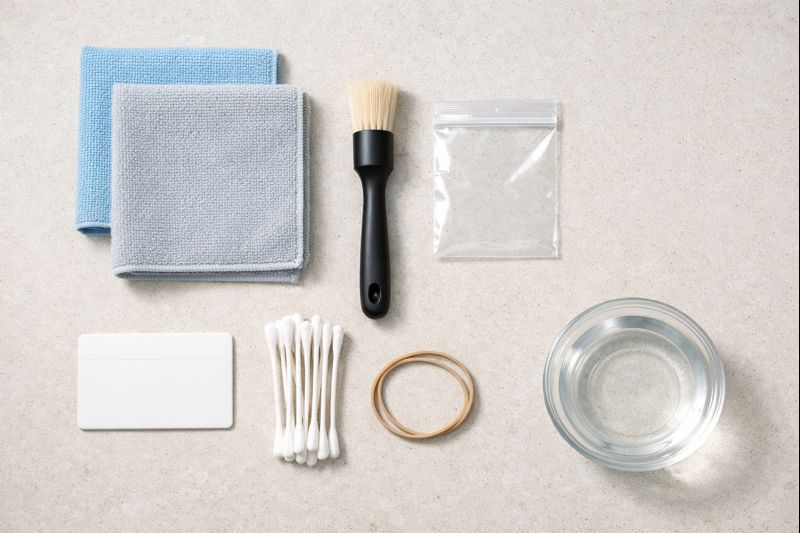 Non-abrasive tools for cleaning faucet limescale: microfiber cloth, soft brush, cotton swabs, plastic scraper, rubber band and small bag.