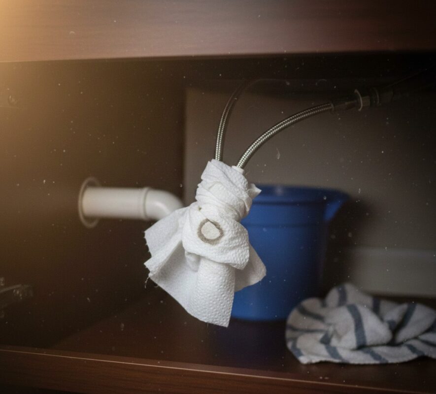 Paper towel leak test on faucet supply connections under the sink